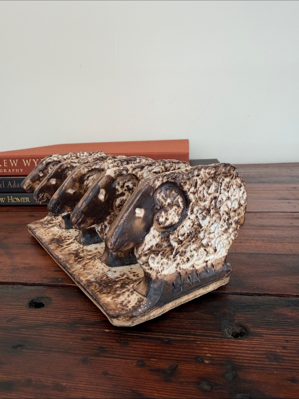 Vintage Handcrafted Pottery Sheep Mail Sorter in Brown and Cream.